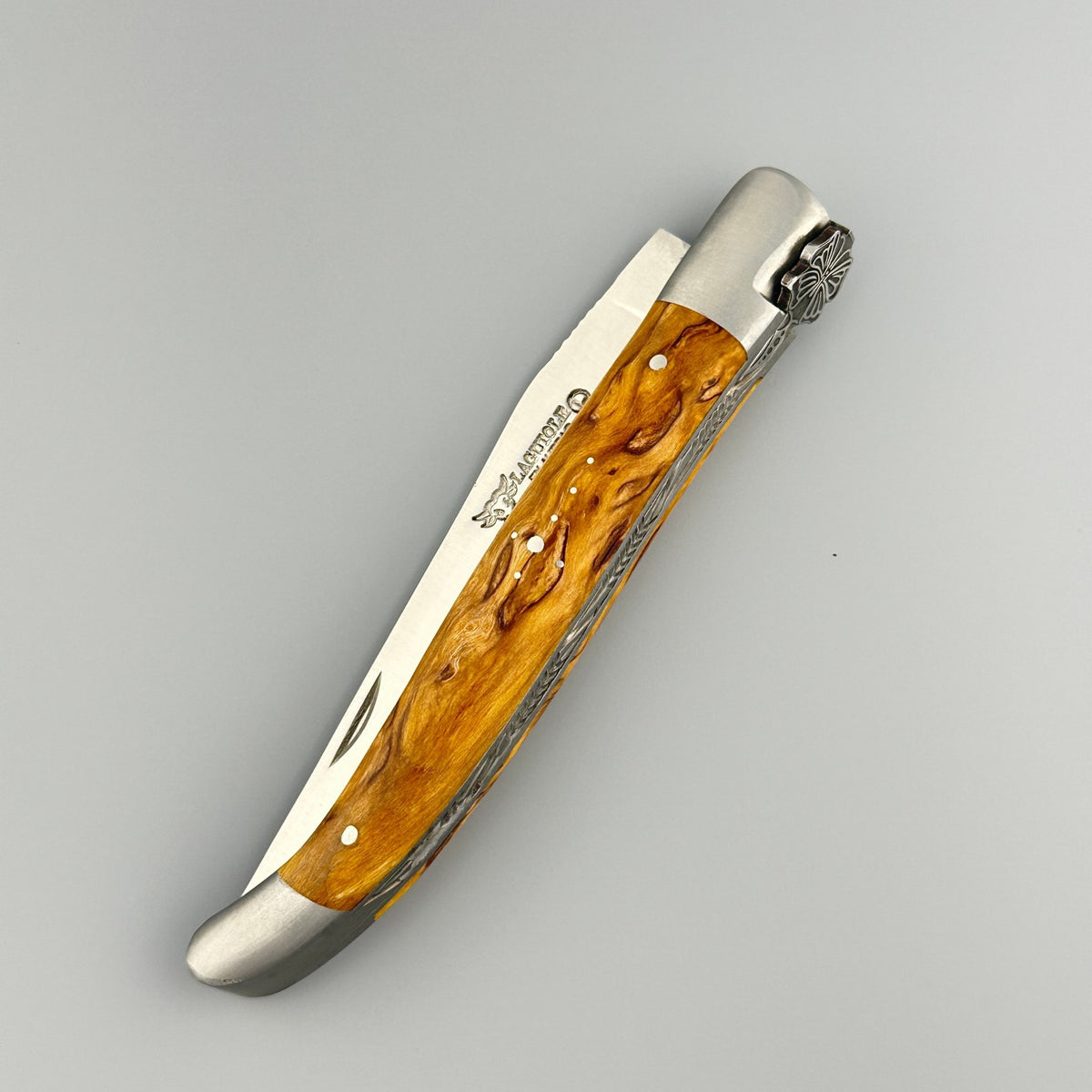 Laguiole en Aubrac Hancarved Plate Folding Knife Butterfly Bee Yellow Birchwood Burl, 4.7"