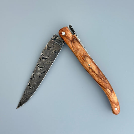 Laguiole en Aubrac Damascus Double Plated Stainless & Brass Knife, Olive Wood, 4.7"