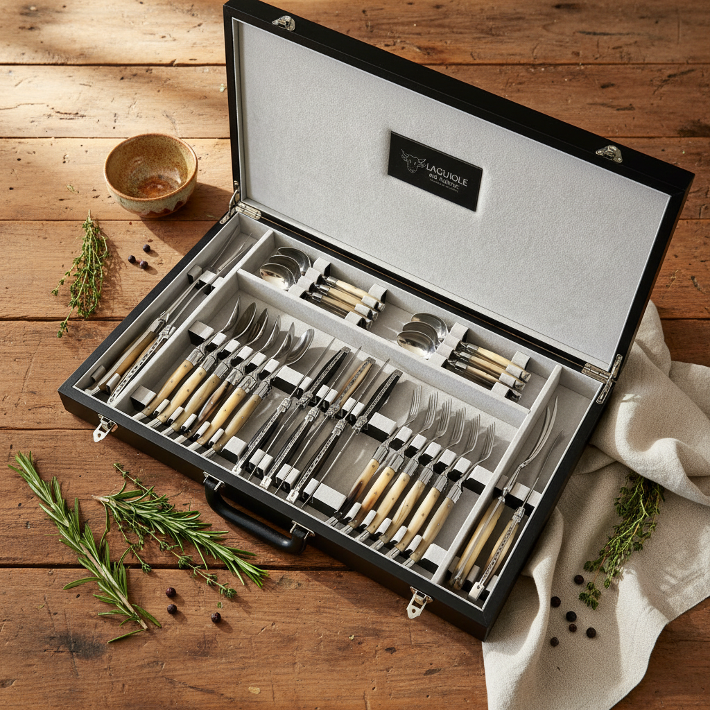 Laguiole en Aubrac Luxury 28ピース手作り食器セット、バッファローホーンハンドル
