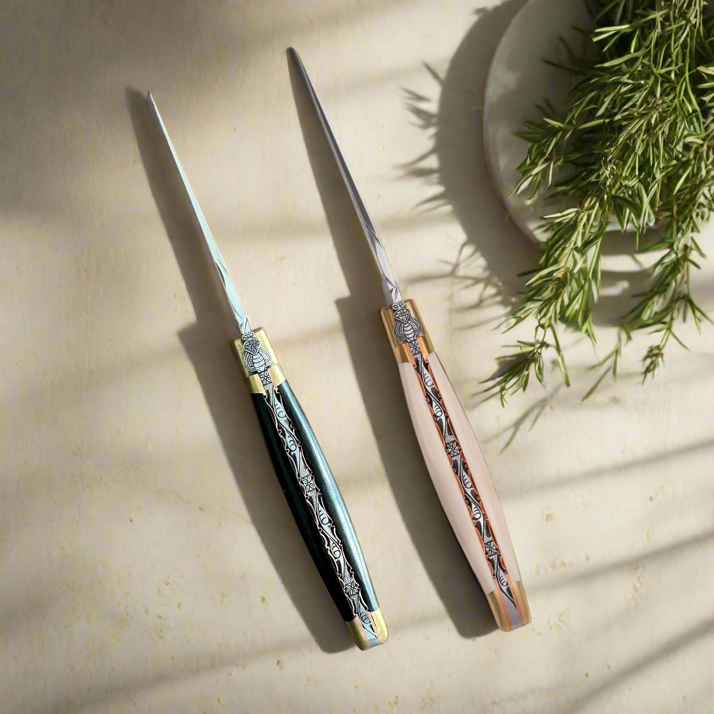 Laguiole en Aubrac Le Bijou Luxury Multipurpose Knife, 4.8-in (12cm), Ebony Wood Handle, With Brass Bolsters, And Two Copper Plates