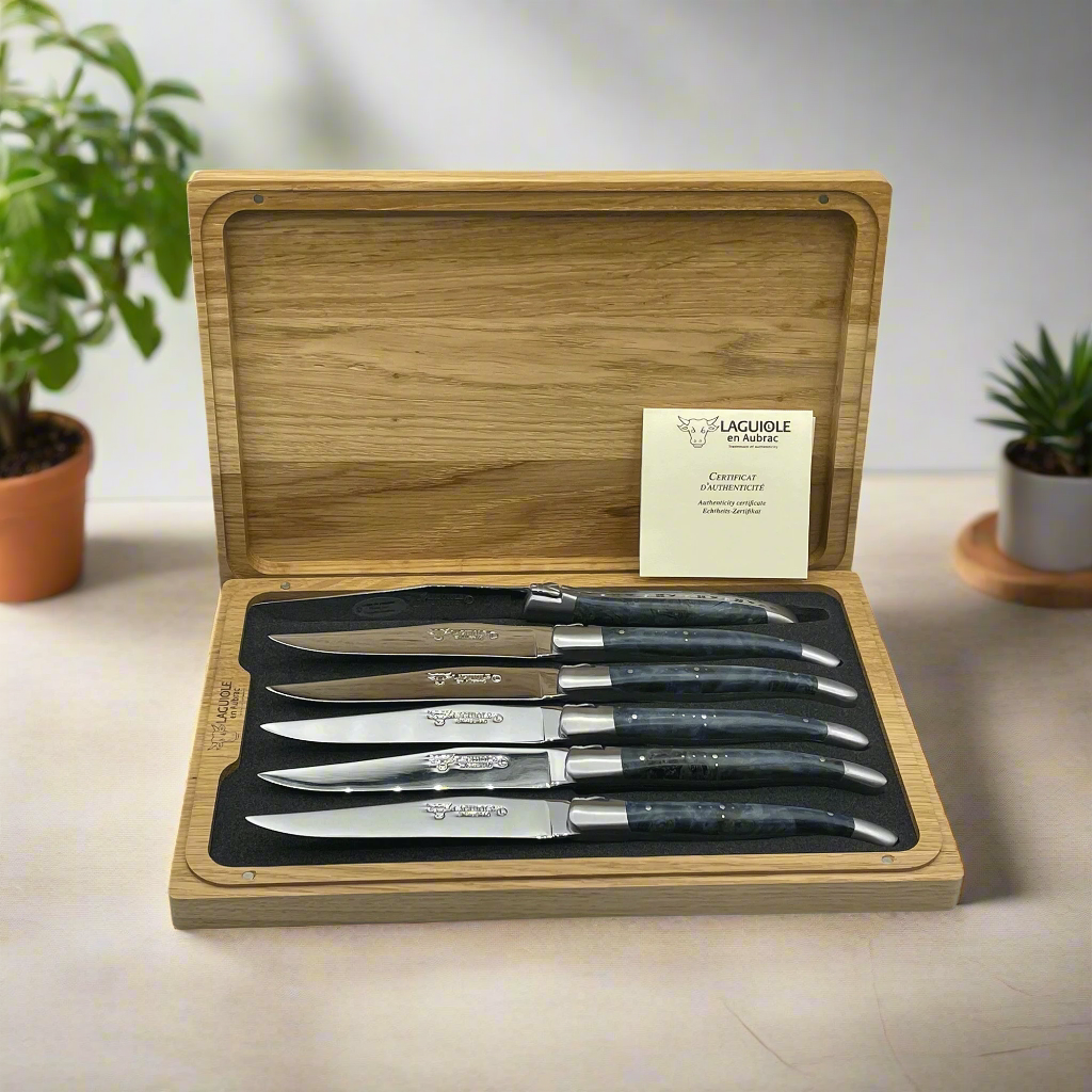 Laguiole en Aubrac Handcrafted 6-Piece Steak Knife Set with Blue Poplar Burl Handles, Brushed Bolster