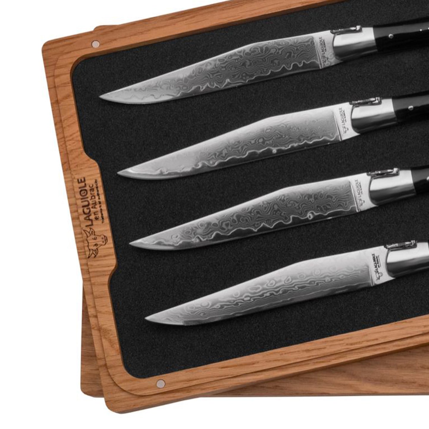 Laguiole en Aubrac 4-Piece Handcrafted French Steak Knife Set with Damascus Blades | Buffalo Horn Handles