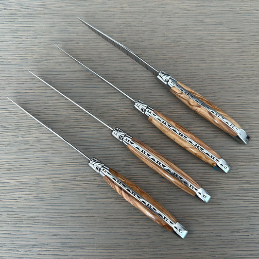 Laguiole en Aubrac Handcrafted 4-Piece Steak Knife Set with Olivewood Handles, Polished Bolsters