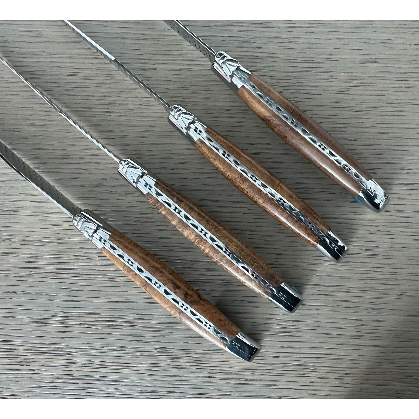 Laguiole en Aubrac Handcrafted 4-Piece Steak Knife Set with Teak Wood Handles, Polished Bolsters