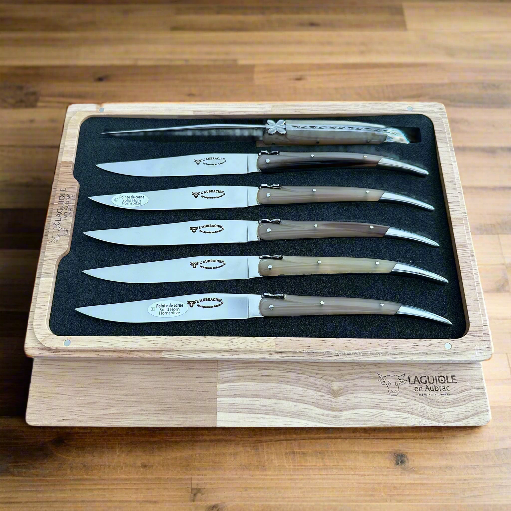 Laguiole en Aubrac Handcrafted Crocus 6-Piece Steak Knife Set with Solid Horn Handles
