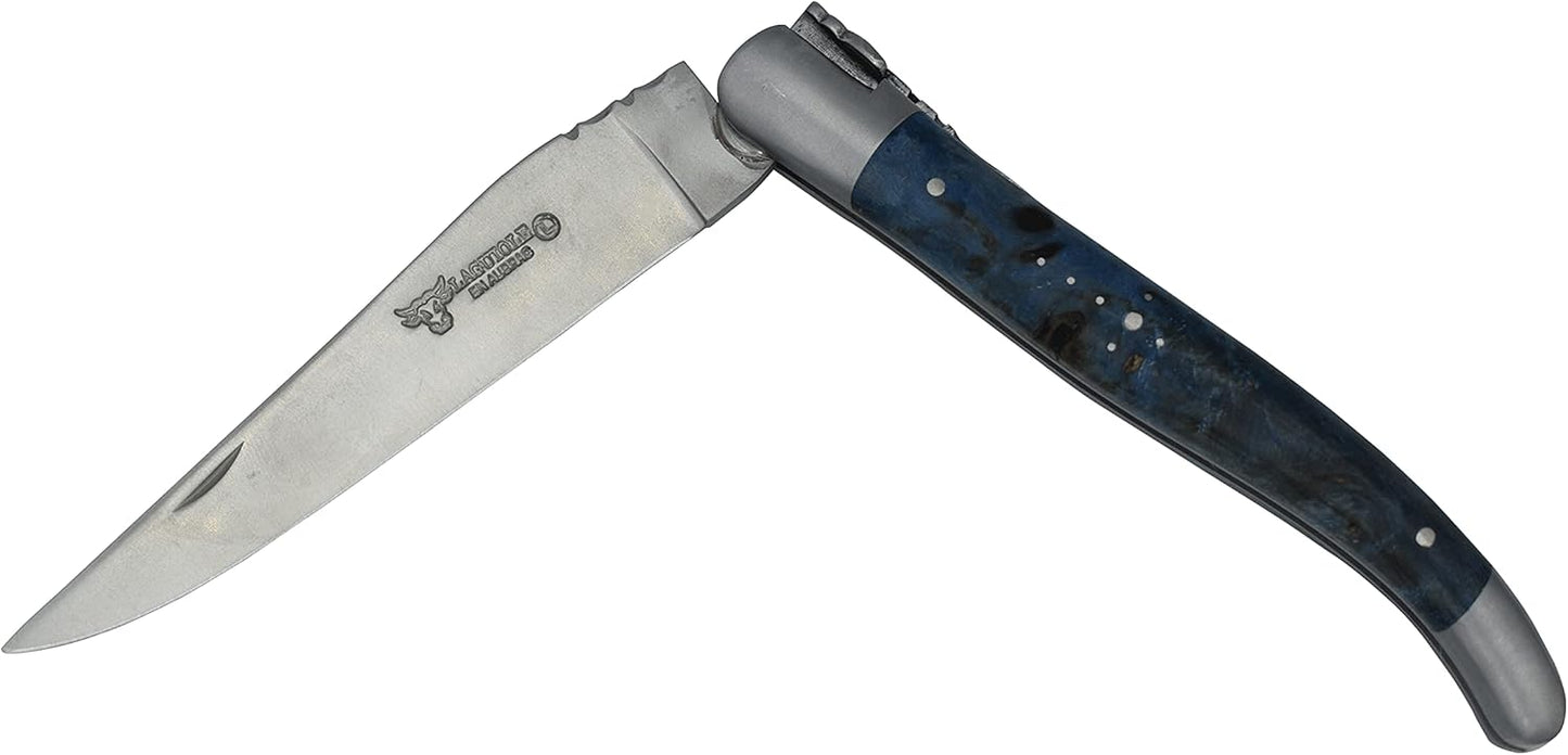 Laguiole en Aubrac Handcrafted Plates Multipurpose Knife, Blue Poplar Burl Wood Handle, 4.75 inches, Matte Stainless Steel Bolsters