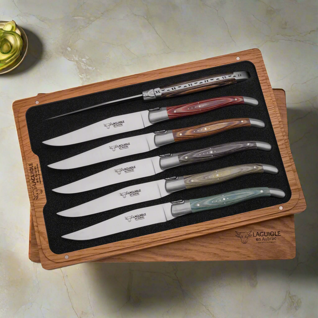 Laguiole en Aubrac Handcrafted 6-Piece Steak Knife Set with Mixed Pakawood Handles, Stainless Steel Matte Bolsters