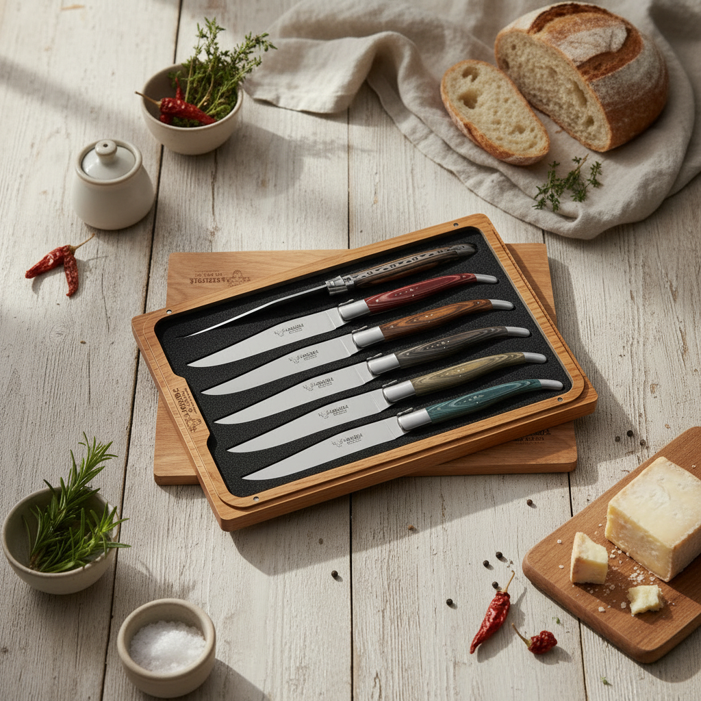 Laguiole en Aubrac Handcrafted 6-Piece Steak Knife Set with Mixed Pakawood Handles, Stainless Steel Matte Bolsters