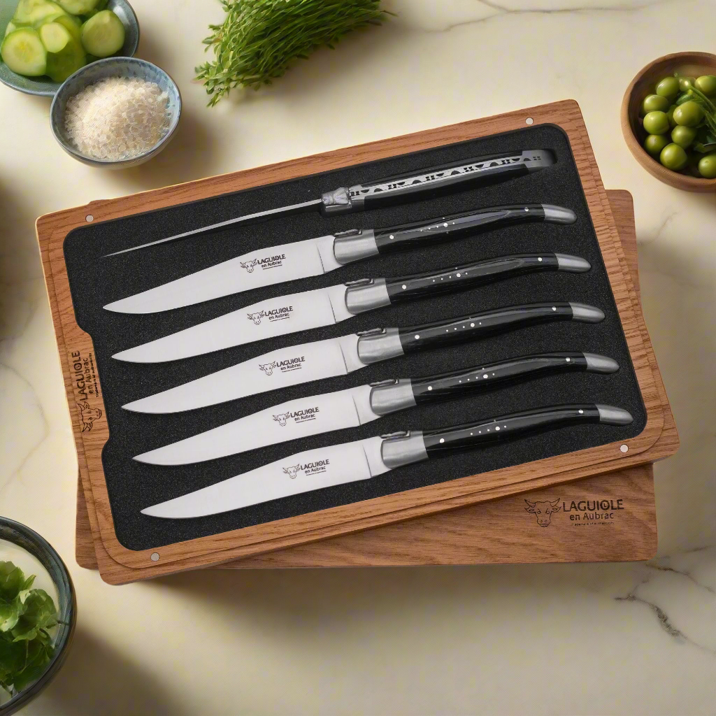 Laguiole en Aubrac Handcrafted 6-Piece Steak Knife Set with Black Pakawood Handles, Stainless Steel Matte Bolsters