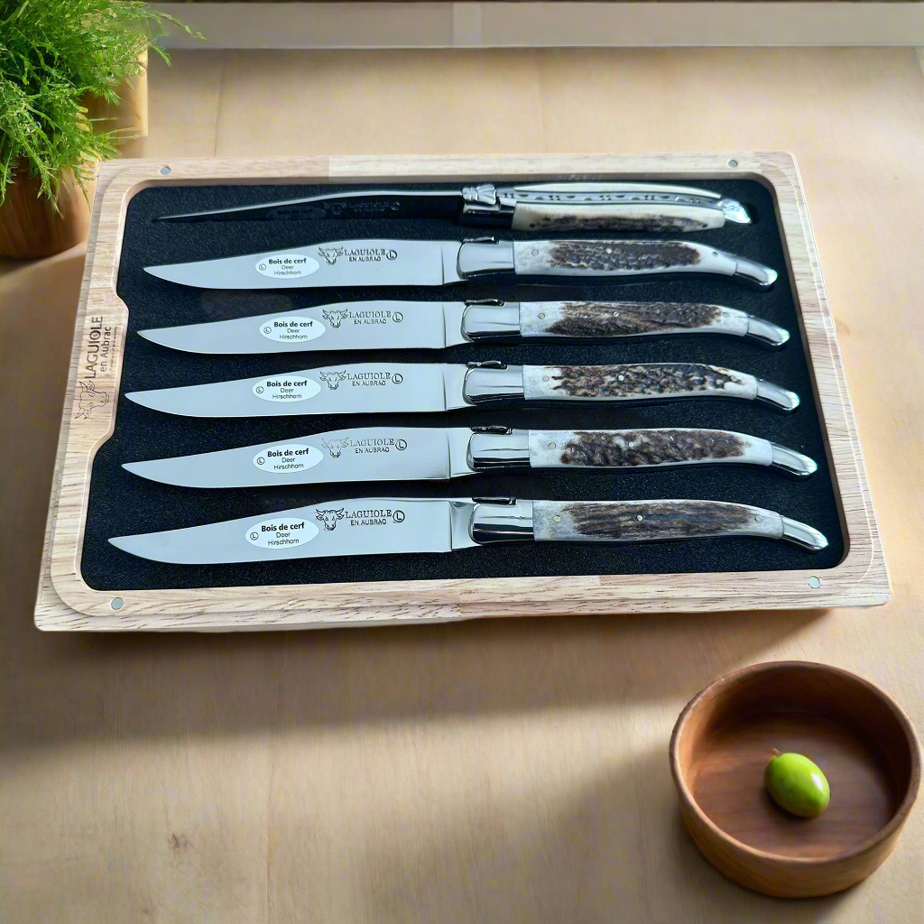 Laguiole en Aubrac Handcrafted 6-Piece Steak Knife Set with Deer Antler Handles