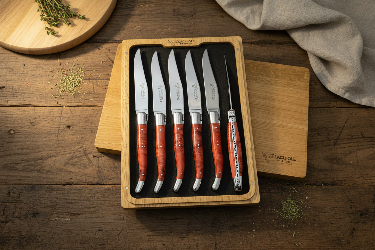 Laguiole en Aubrac Handcrafted Polished 6-Piece Steak Knife Set with Red Poplar Burl Handles