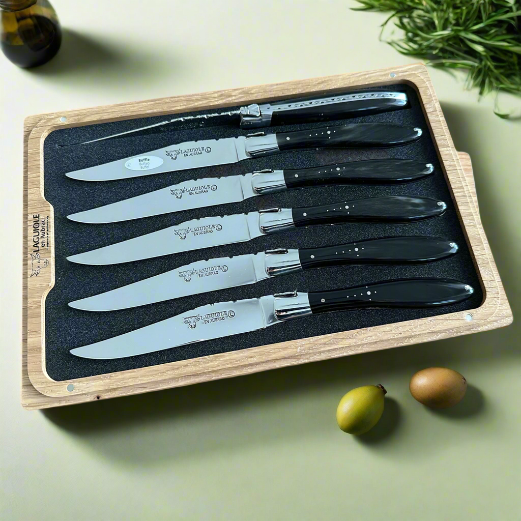 Laguiole en Aubrac 手工电镀 6 件式牛排刀套装,带全实心牛角手柄