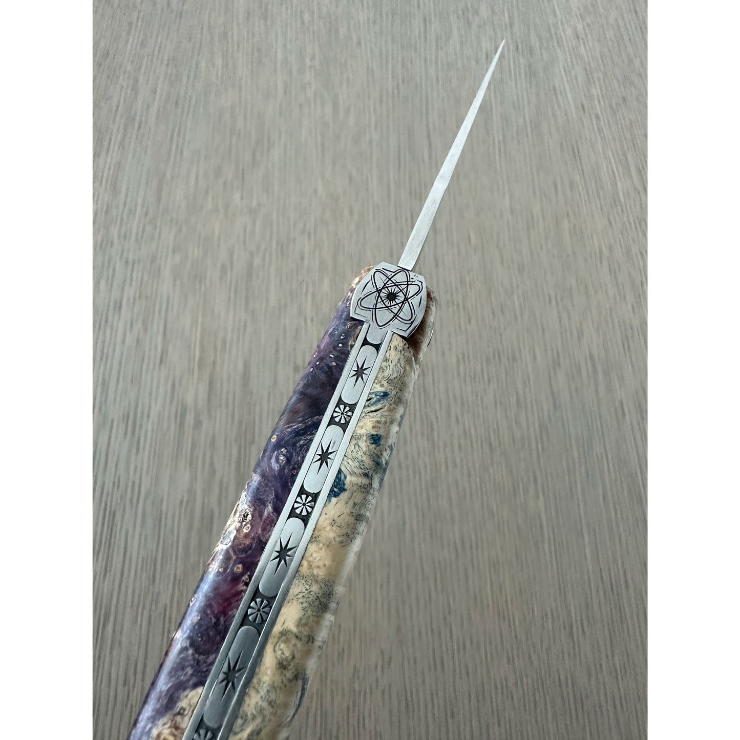 Laguiole en Aubrac Folding Knife Cosmos Big Bang Bee, Purple Cream Elder Burl, 4.8"