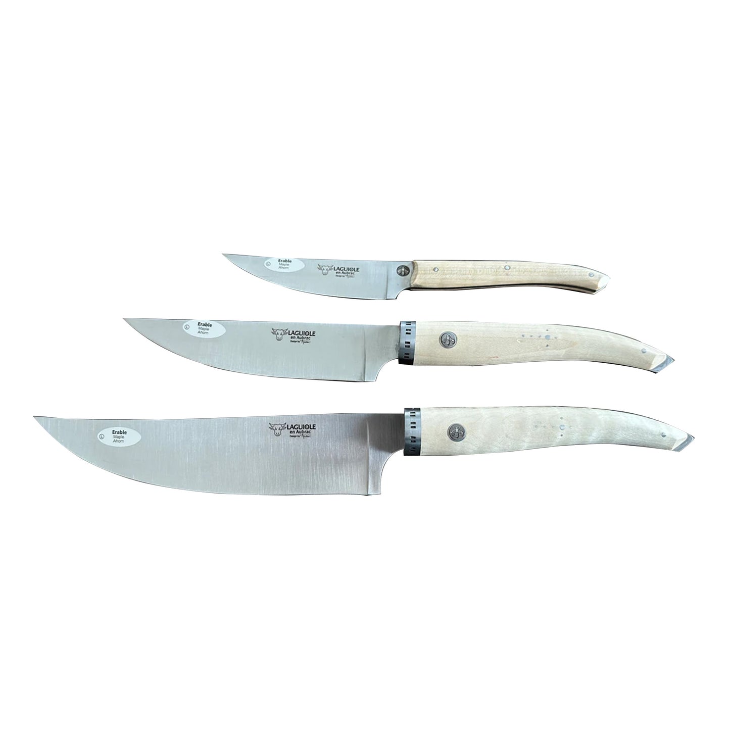 Laguiole en Aubrac Gourmet Cuisine Handcrafted 3-Piece Kitchen Knife Set With Wavy Maple Wood Handles, Natural