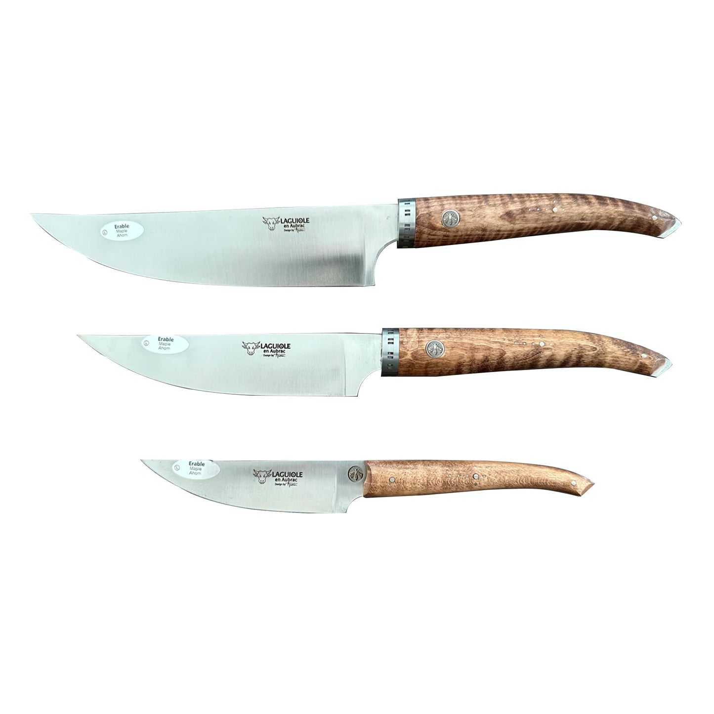 Laguiole en Aubrac Gourmet Cuisine Handcrafted 3-Piece Kitchen Knife Set With Wavy Maple Wood Handle