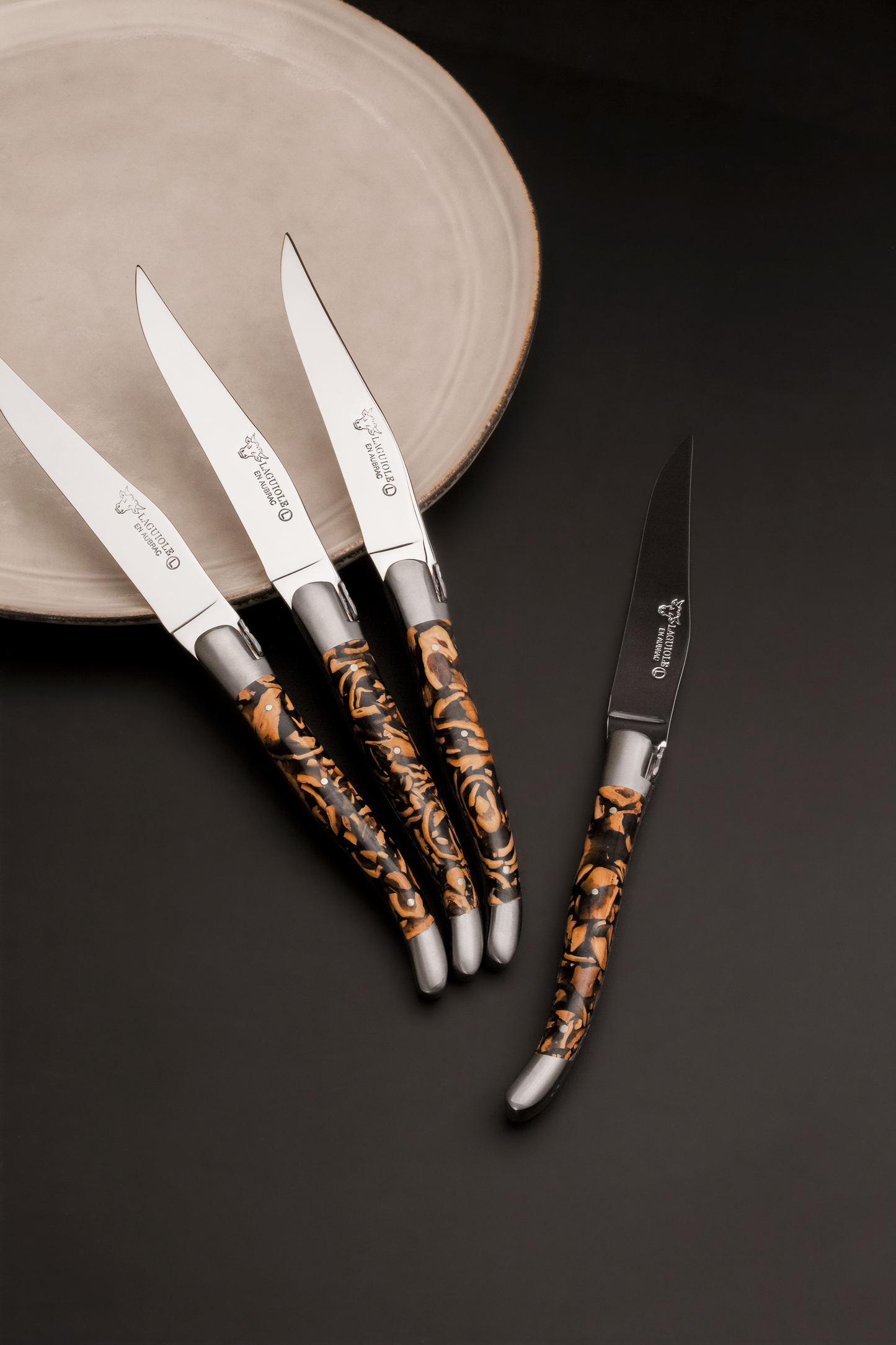 Laguiole en Aubrac Handcrafted 6-Piece Steak Knife Set with Marbled Walnut Handle, Stainless Steel Matte Bolsters