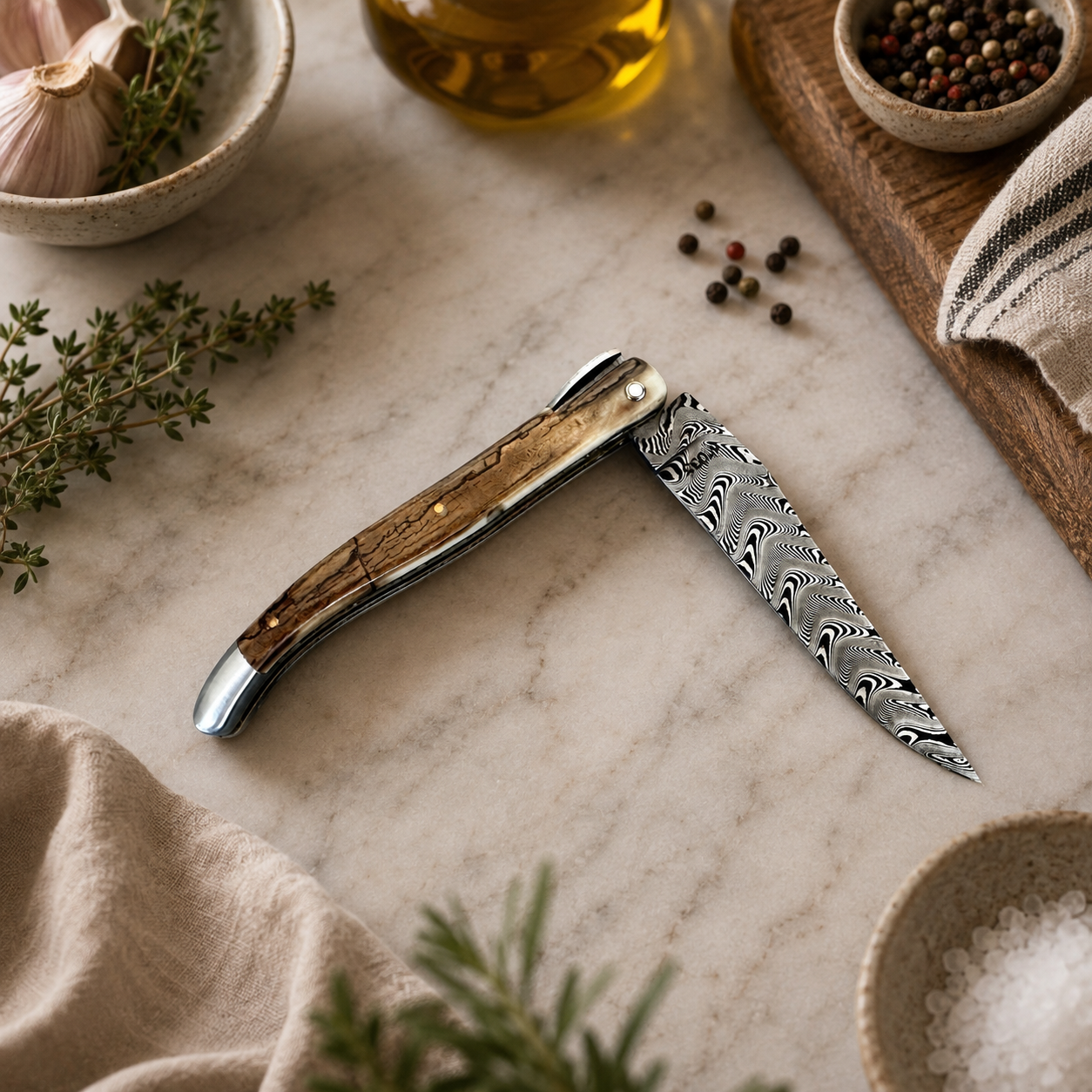 Laguiole en Aubrac — Origine Tour Eiffel Limited Edition Folding Knife | Ivory Crust Handle, Damascus Blade