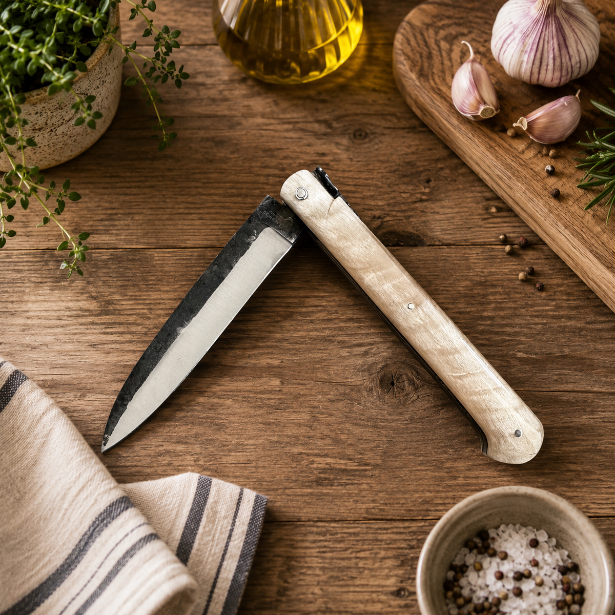 Laguiole en Aubrac Belle Droit Folding Knife Special Bee Hammered Blade, Ram Crust 4.3"