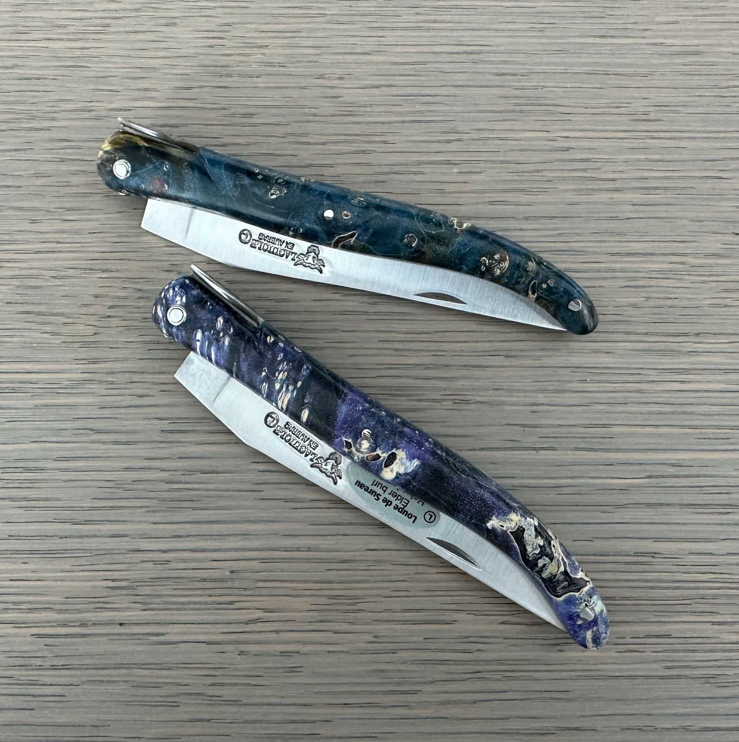 Laguiole en Aubrac Folding Knife Secret Garden Series Primrose Bee with Blue Elder Burl, 4.8-in
