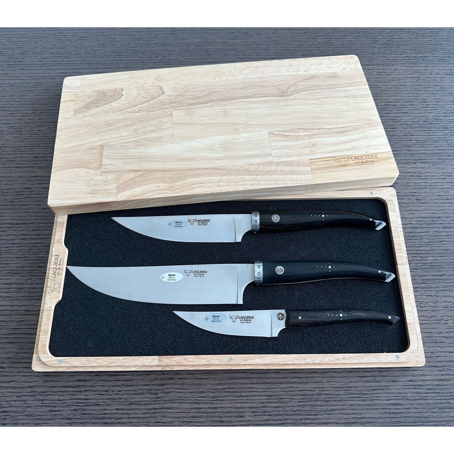 Laguiole en Aubrac Gourmet Cuisine Handcrafted 3-Piece Kitchen Knife Set with Ebony Wood Handle