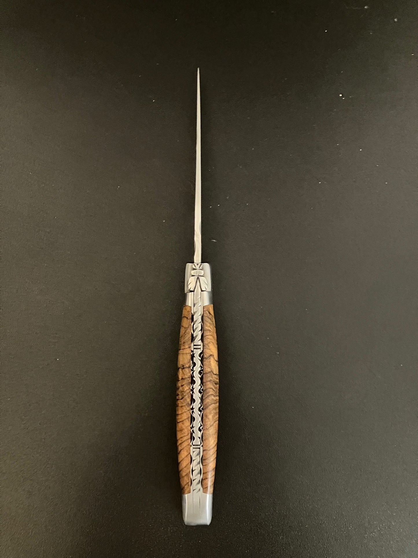 Laguiole en Aubrac Handcarved Plates Multipurpose Knife with Teak Wood Handle, 4.75-Inches, Brushed Bolsters