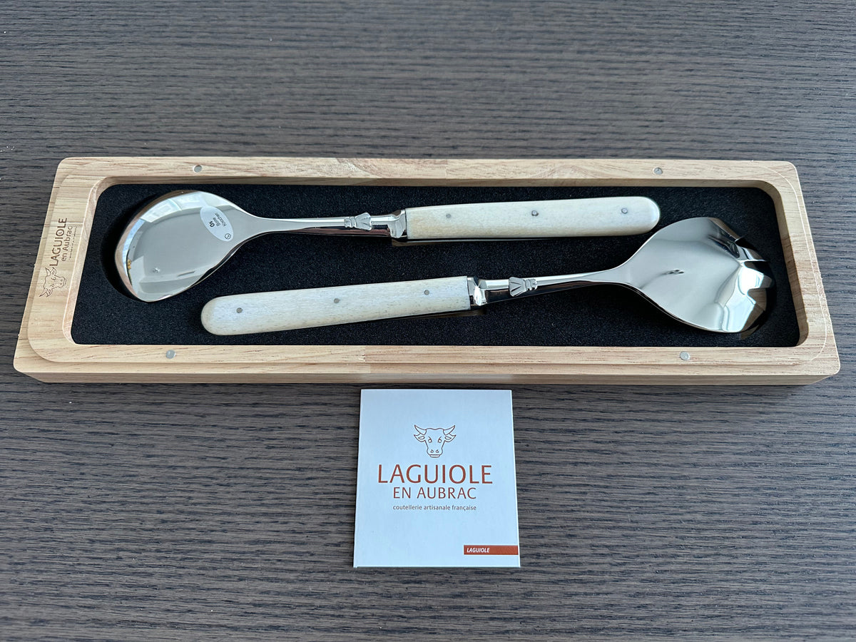 Laguiole en Aubrac 2-Piece Salad Server Set With 2-Spoons, Bone Handle - LaguioleEnAubracShop