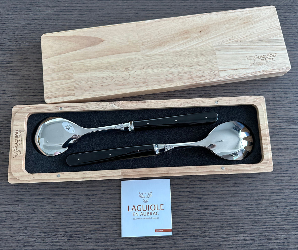 Laguiole en Aubrac 2-Piece Salad Server Set With 2-Spoons, Buffalo Horn Handle - LaguioleEnAubracShop