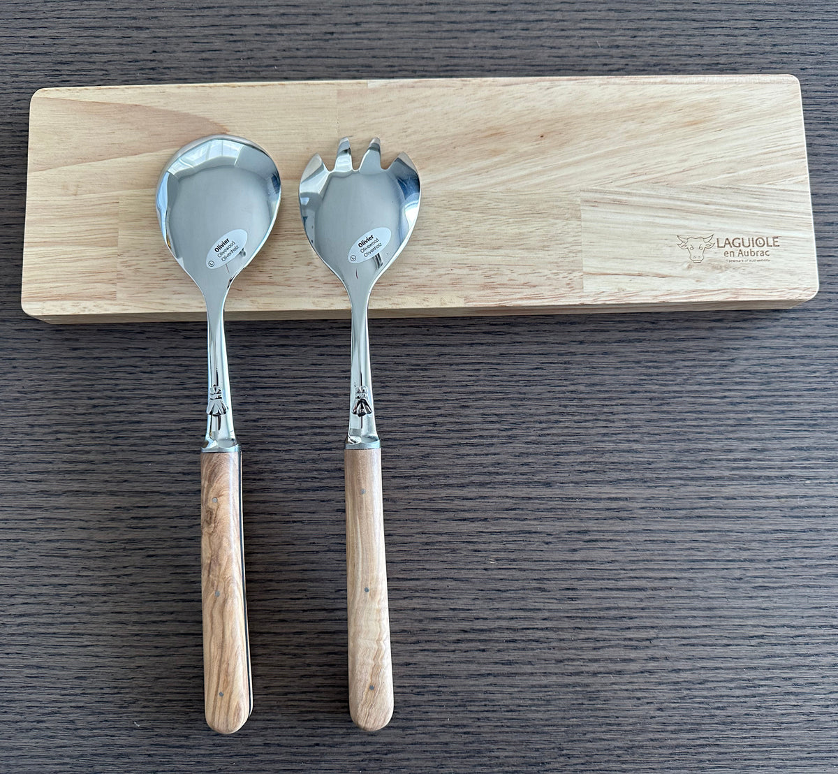 Laguiole en Aubrac 2-Piece Salad Server Set With 2-Spoons, Juniper Wood Handle - LaguioleEnAubracShop