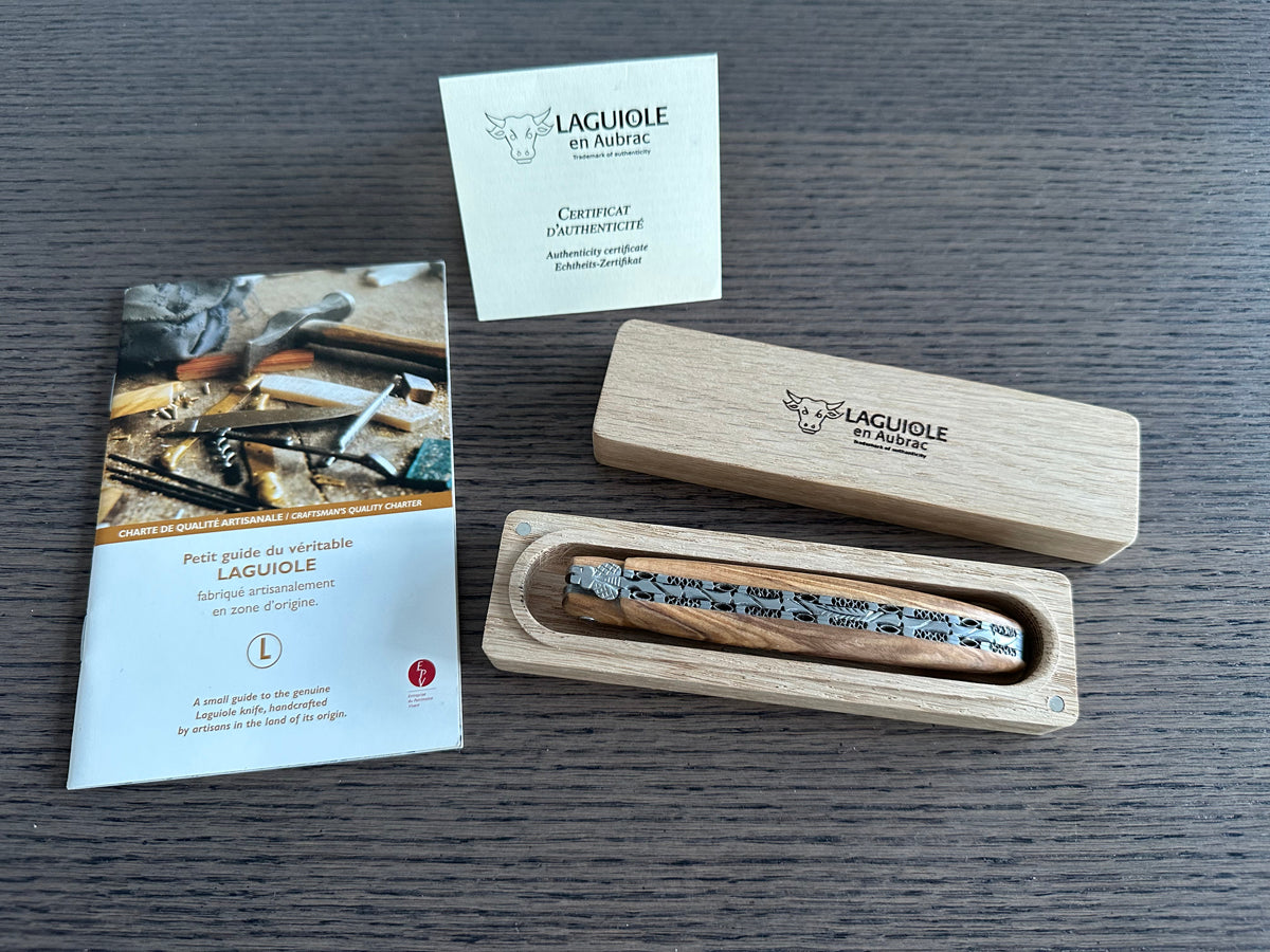 Laguiole en Aubrac Luxury Handcrafted Plated Multipurpose Knife, Full Olivewood Handle, 4.75-Inches - LaguioleEnAubracShop
