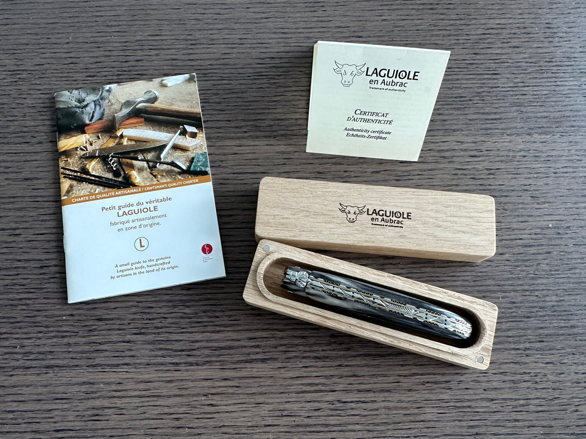 Laguiole en Aubrac Luxury Handcrafted Damascus Plated Multipurpose Knife, Full Solid Horn Handle, 4.75-Inches - LaguioleEnAubracShop