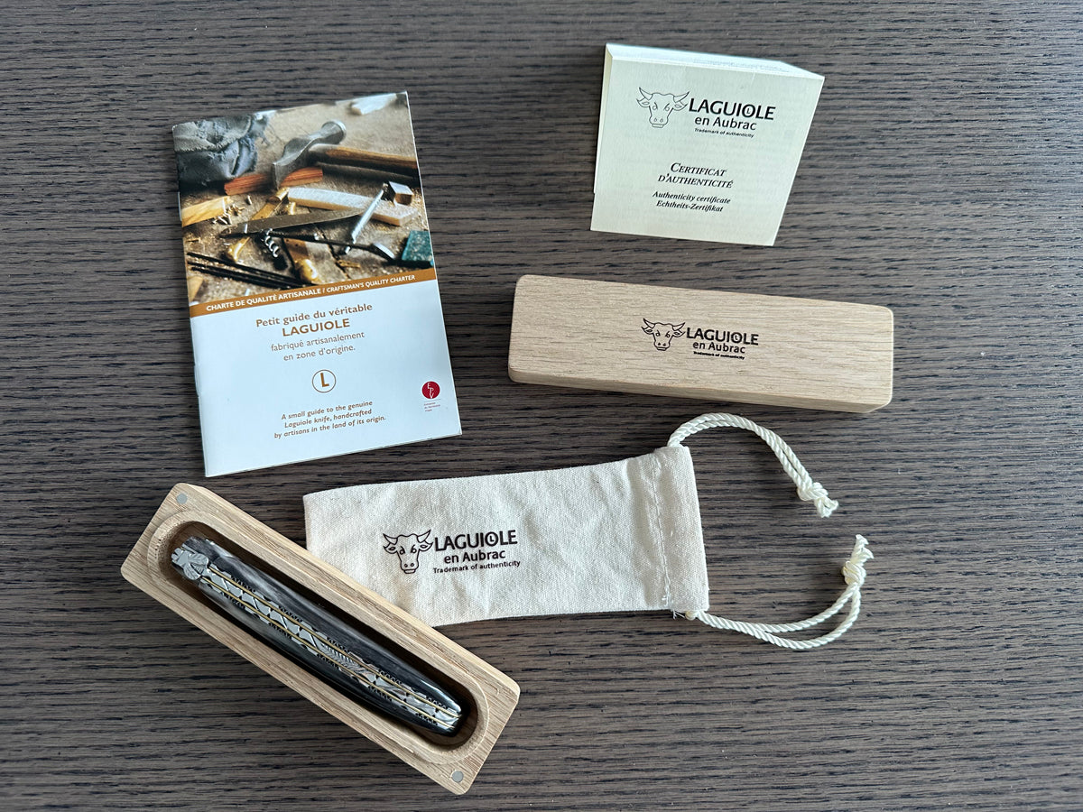 Laguiole en Aubrac Luxury Handcrafted Damascus Plated Multipurpose Knife, Full Solid Horn Handle, 4.75-Inches - LaguioleEnAubracShop