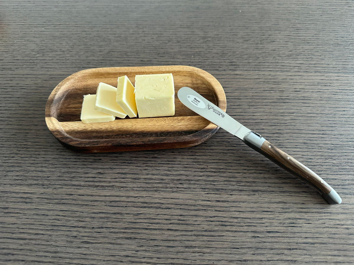Laguiole en Aubrac Handcrafted Butter & Soft Cheese Knife With Walnut Wood Handle & Oak Wood Rest Set - LaguioleEnAubracShop