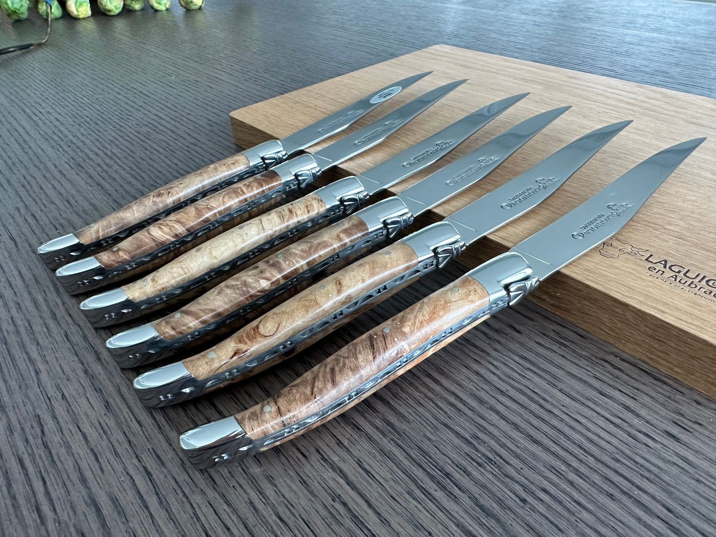 Laguiole en Aubrac Handcrafted Plated 6-Piece Steak Knife Set with Lime Tree Burl Wood Handles, Polished Bolsters - LaguioleEnAubracShop