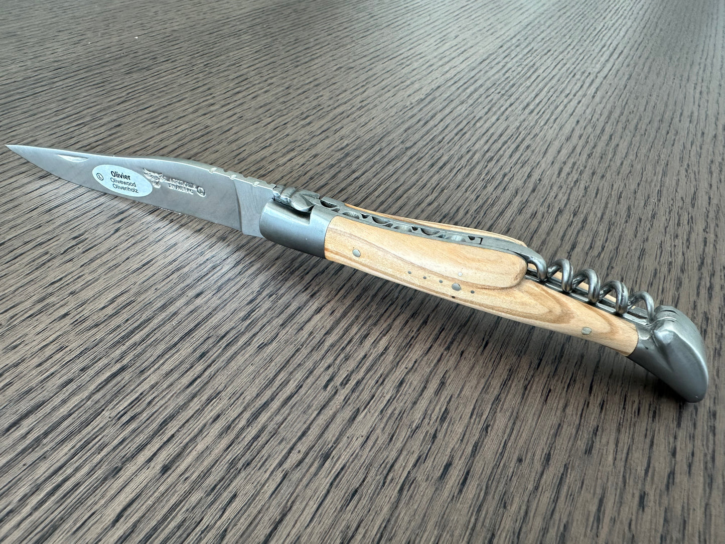 Laguiole en Aubrac Handcrafted Multipurpose Knife with Corkscrew, Olive Wood Handle, Brushed Bolsters, 4.75 inches