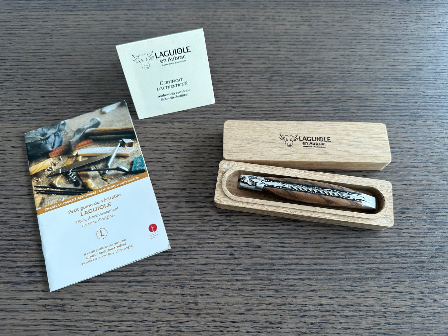 Laguiole en Aubrac Luxury Spring And Handcarved Plates Multipurpose Knife, With Walnut Burl Wood Handle, 4.75- Inches