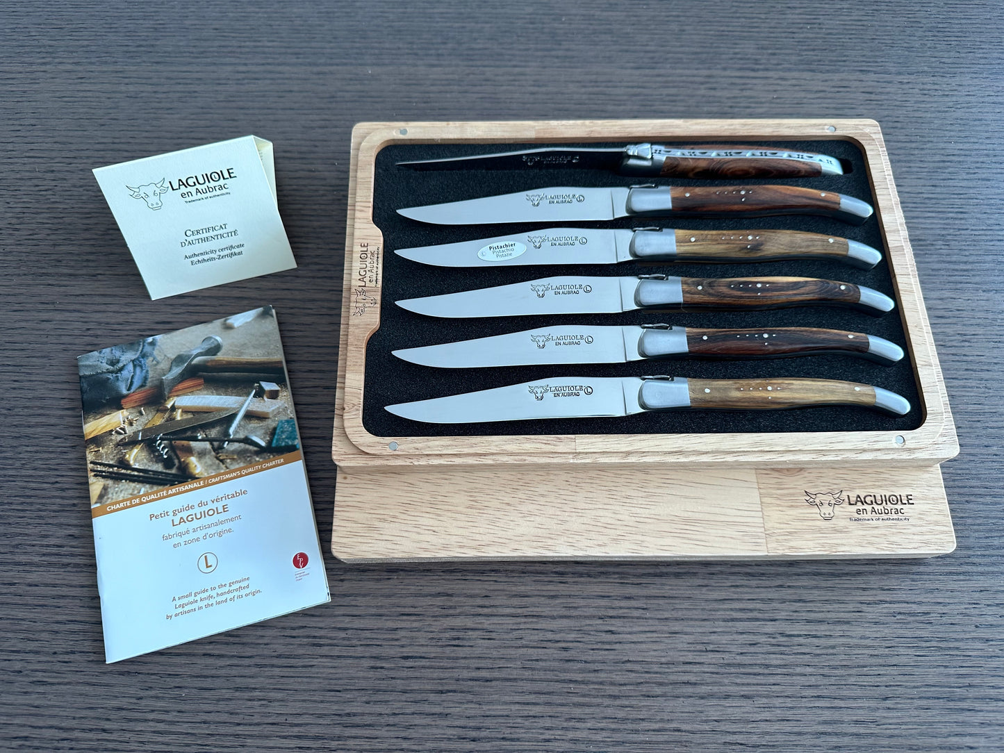Laguiole en Aubrac Handcrafted 6-Piece Steak Knife Set with Pistachio Wood Handles