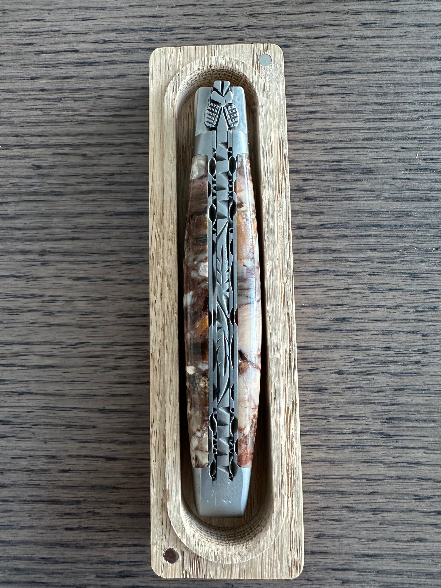 Laguiole en Aubrac Handcrafted Double Plates Multipurpose Knife, Gray Fusion Handle, 4.75 inches