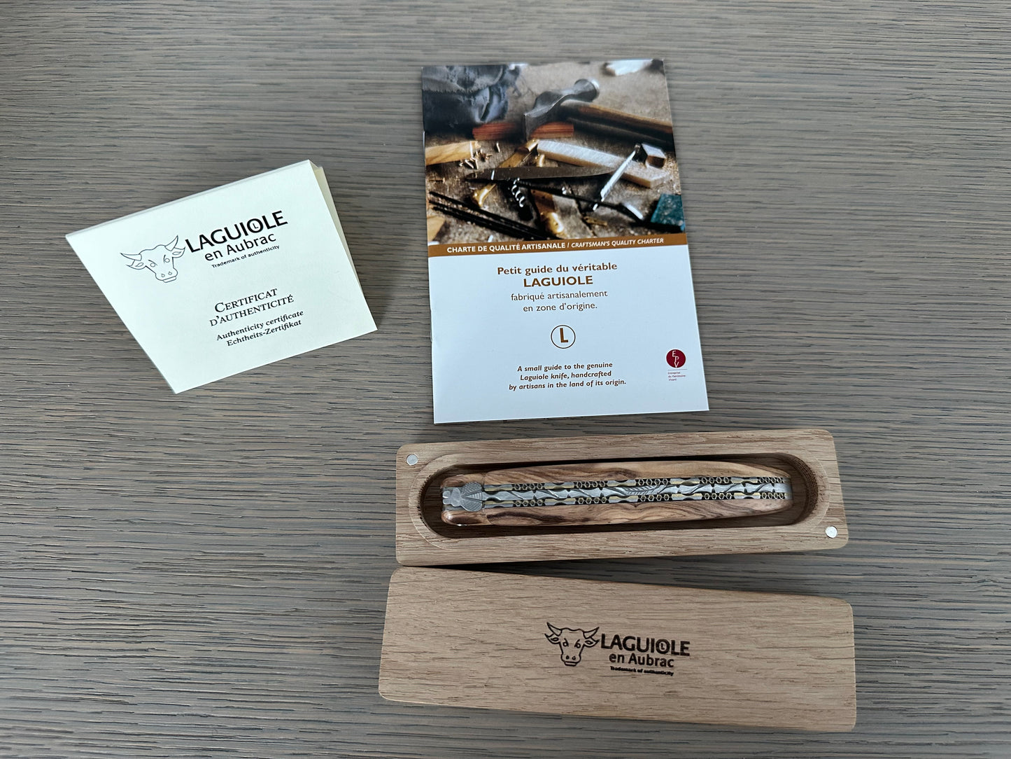 Laguiole en Aubrac Luxury Handcrafted Damascus Multipurpose Knife, Full Olive Wood Handle, 4.75-Inches