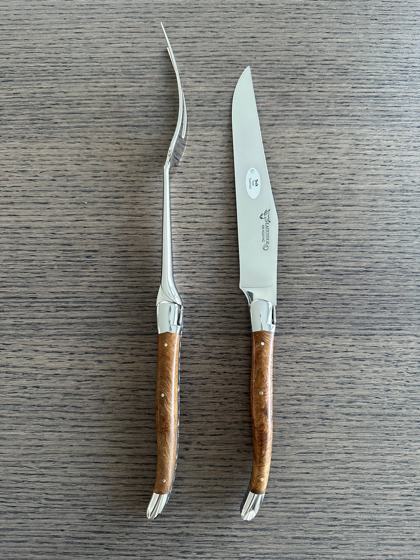 Laguiole en Aubrac Handcrafted Carving Set with Burl Teak Wood Handle, Polished Bolsters