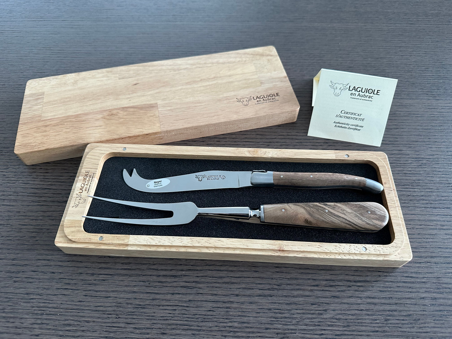 Laguiole en Aubrac Handcrafted 2-Piece Cheese Knife Set with Walnut Wood Handles