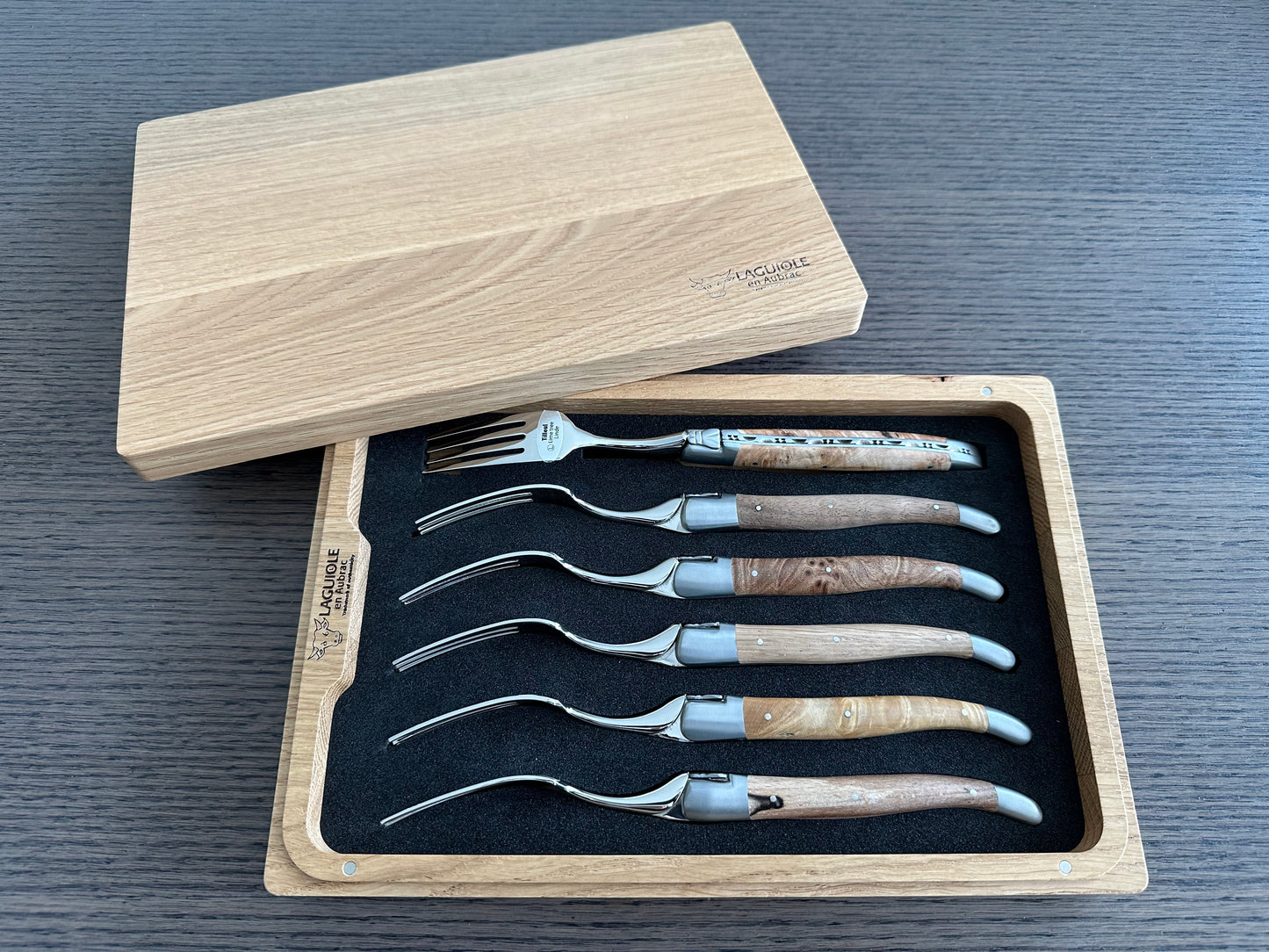 Laguiole en Aubrac Handcrafted 6-Piece Dinner Fork Set with Mixed European Wood Handles