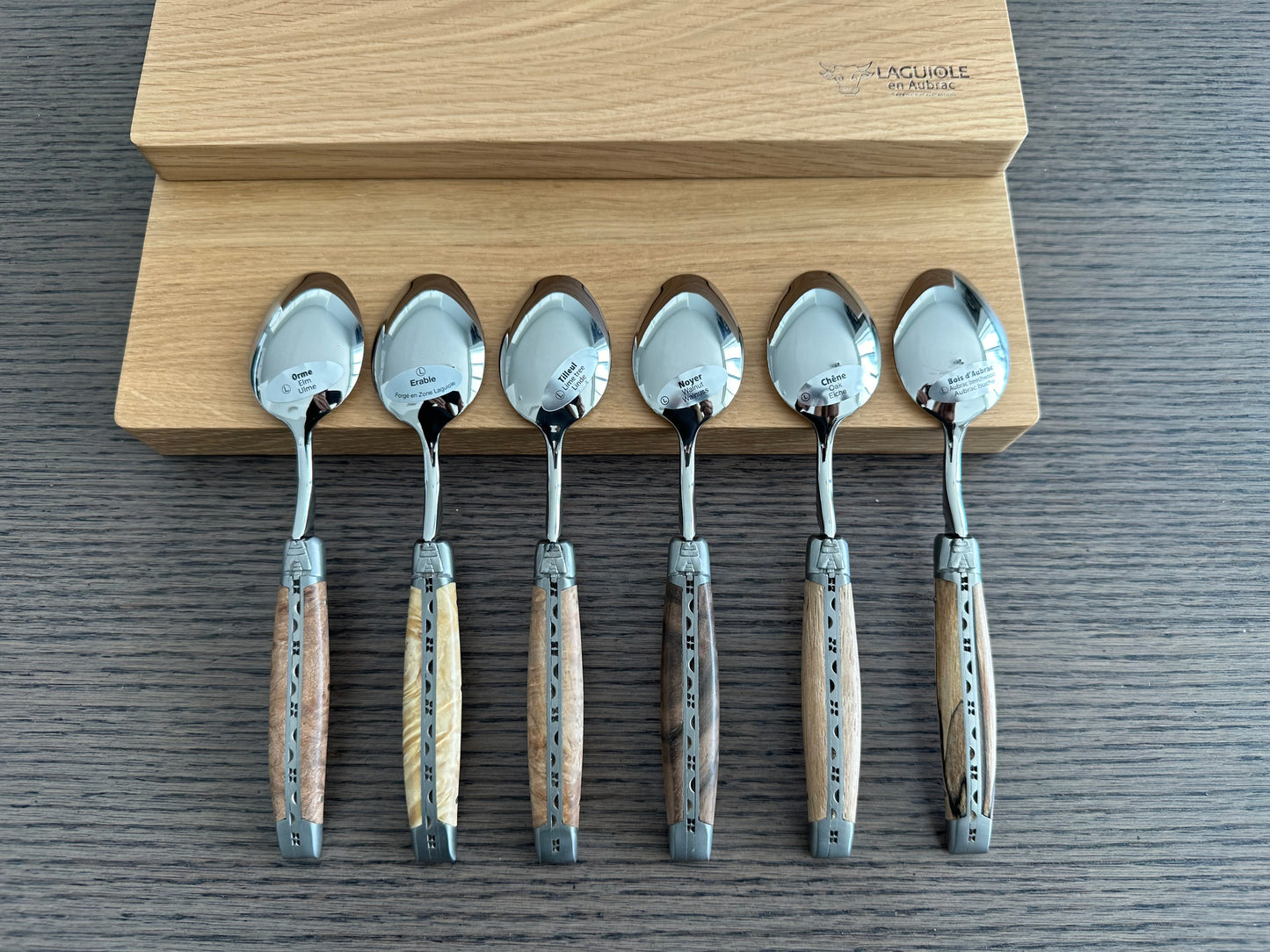 Laguiole en Aubrac Handcrafted 6-Piece Dinner Spoon Set with Mixed European Wood Handles