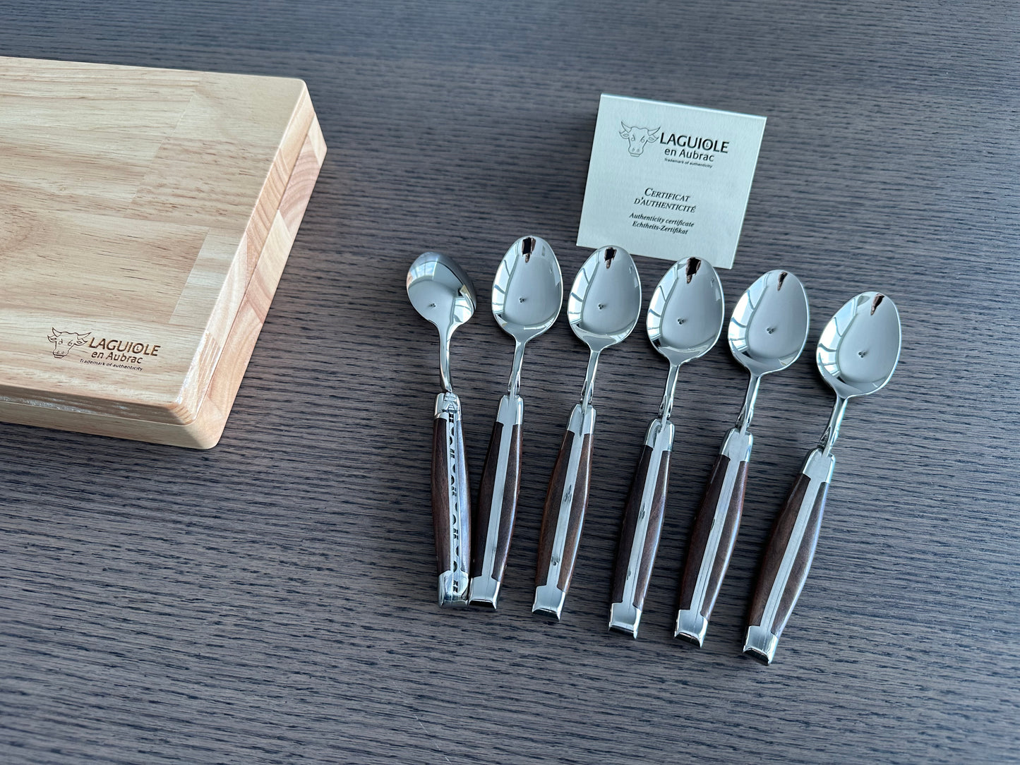 Laguiole en Aubrac Handcrafted 6-Piece Dessert Spoon Set with Morado Rosewood Handles