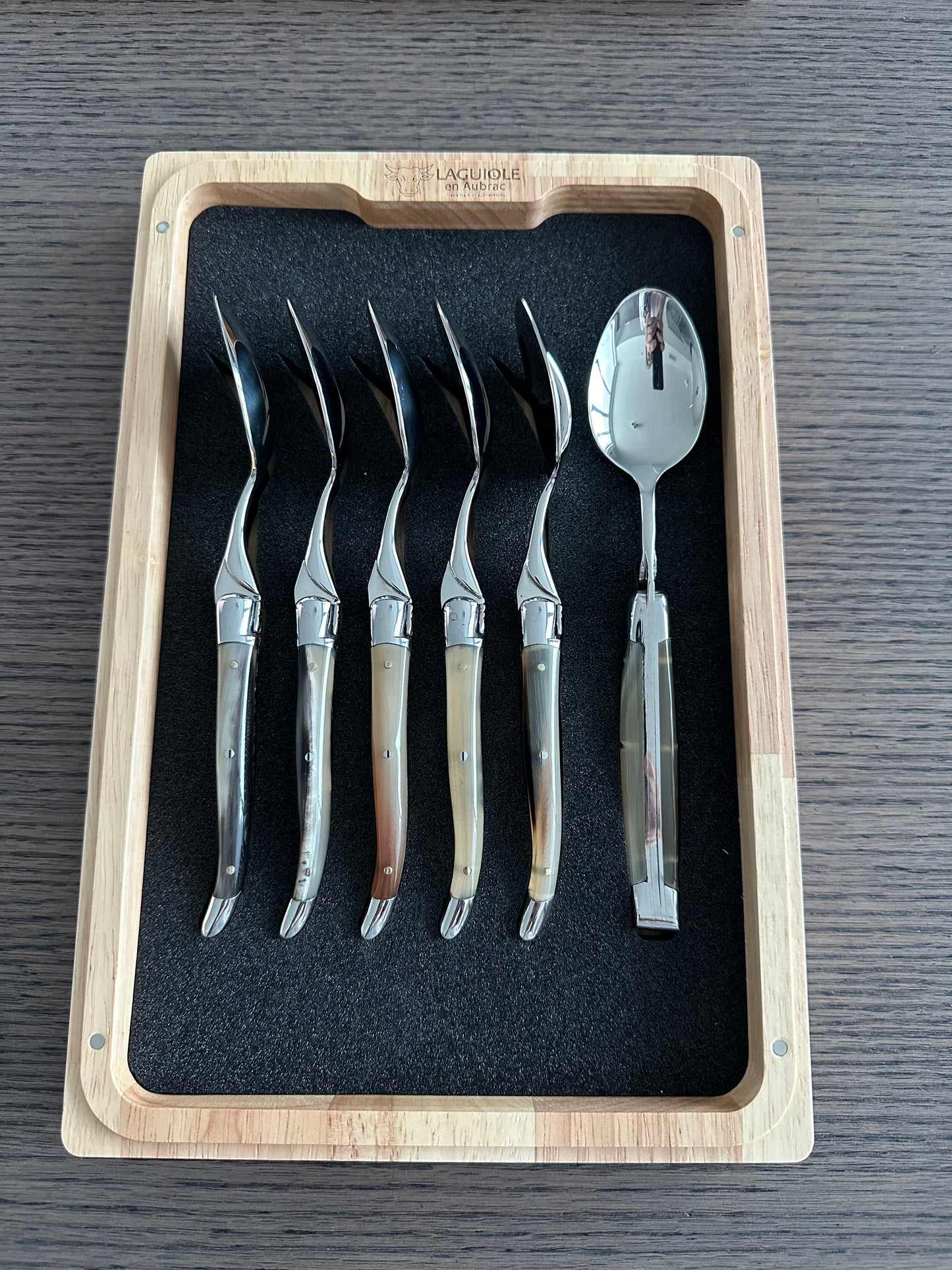 Laguiole en Aubrac Handcrafted 6-Piece Dessert Spoon Set with Solid Horn Handles