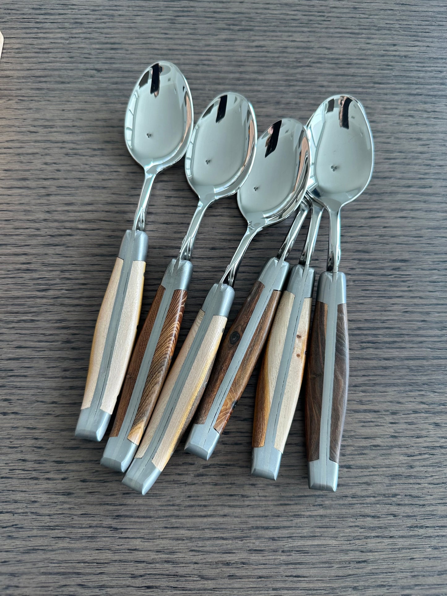 Laguiole en Aubrac Handcrafted 6-Piece Dessert Spoon Set with Pistachio Wood Handles