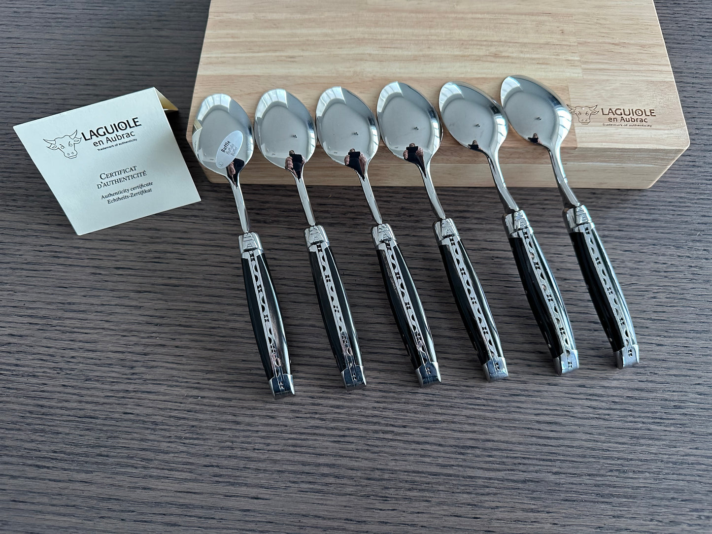 Laguiole en Aubrac Handcrafted 6-Piece Dessert Spoon Set with Buffalo Handles