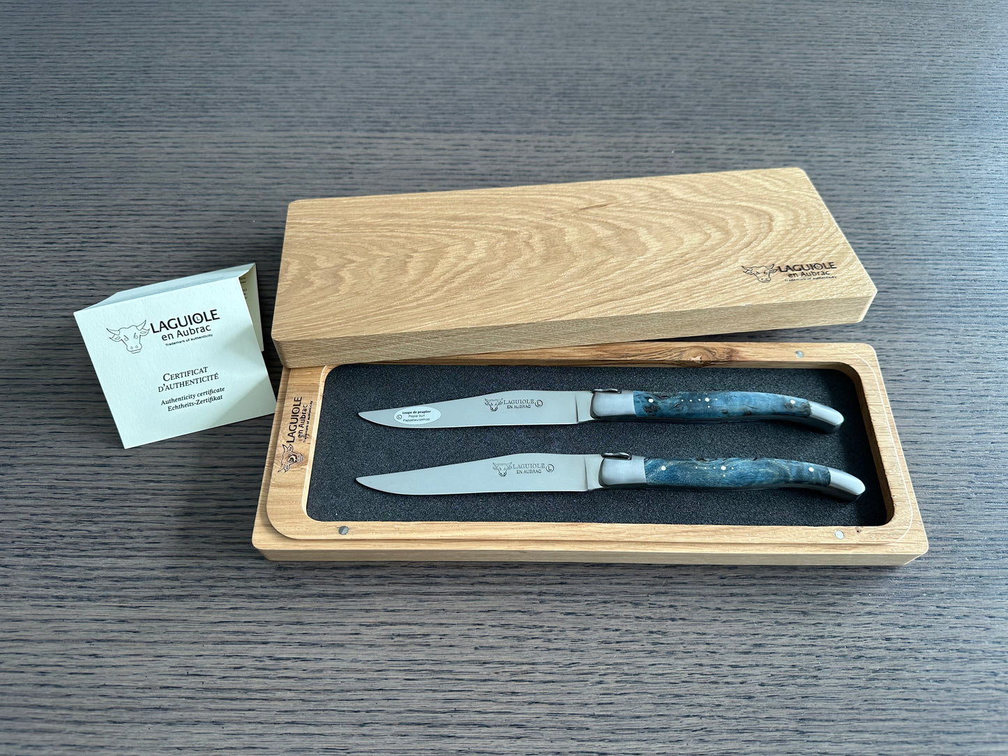 Laguiole en Aubrac Handcrafted 2-Piece Steak Knife Set with Blue Poplar Burl Handles, Brushed Bolster