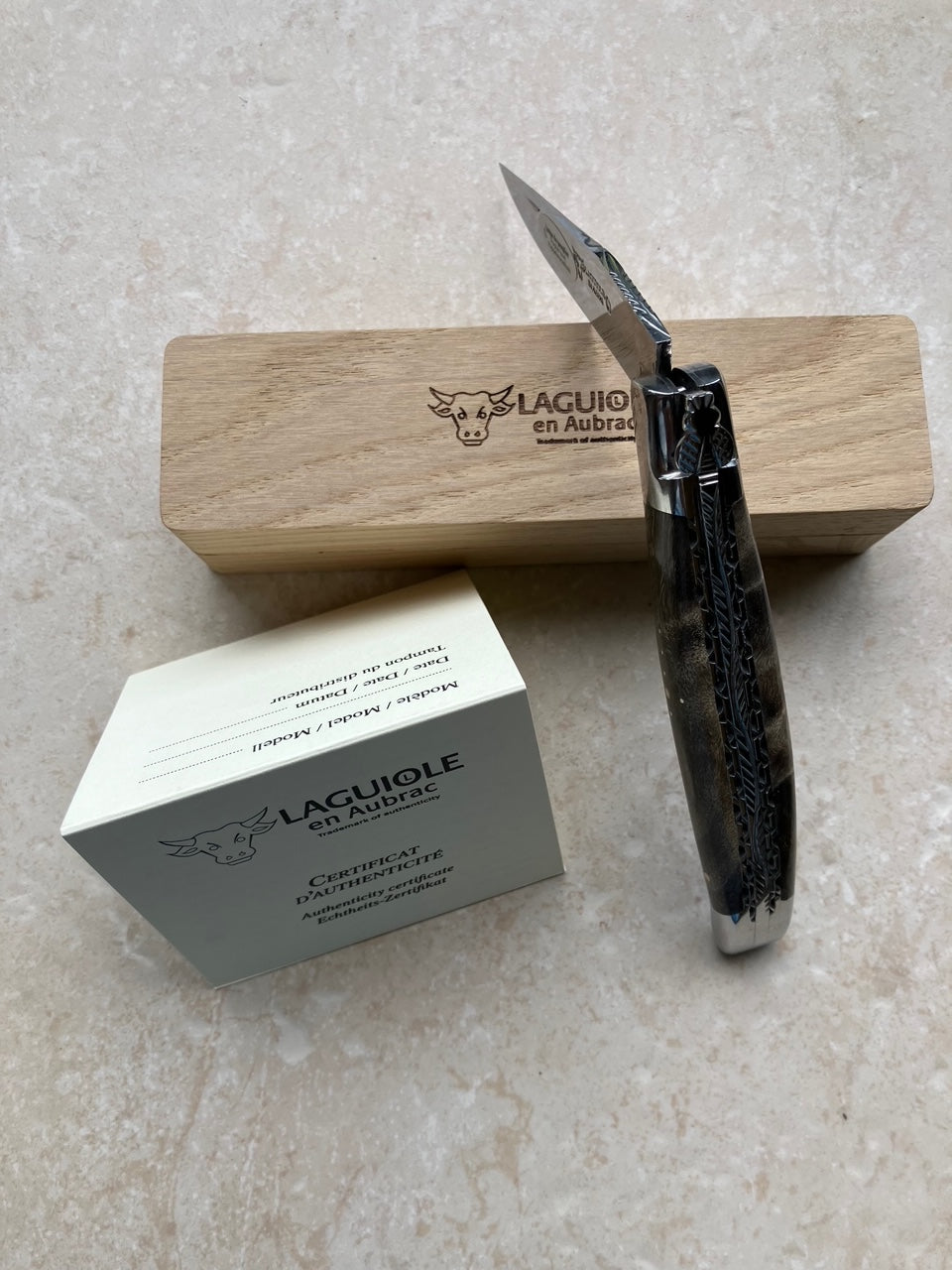 Laguiole en Aubrac Handcrafted Luxury Double Plates Multipurpose Knife With Blackened Poplar Burl Handle, 4.75-Inches