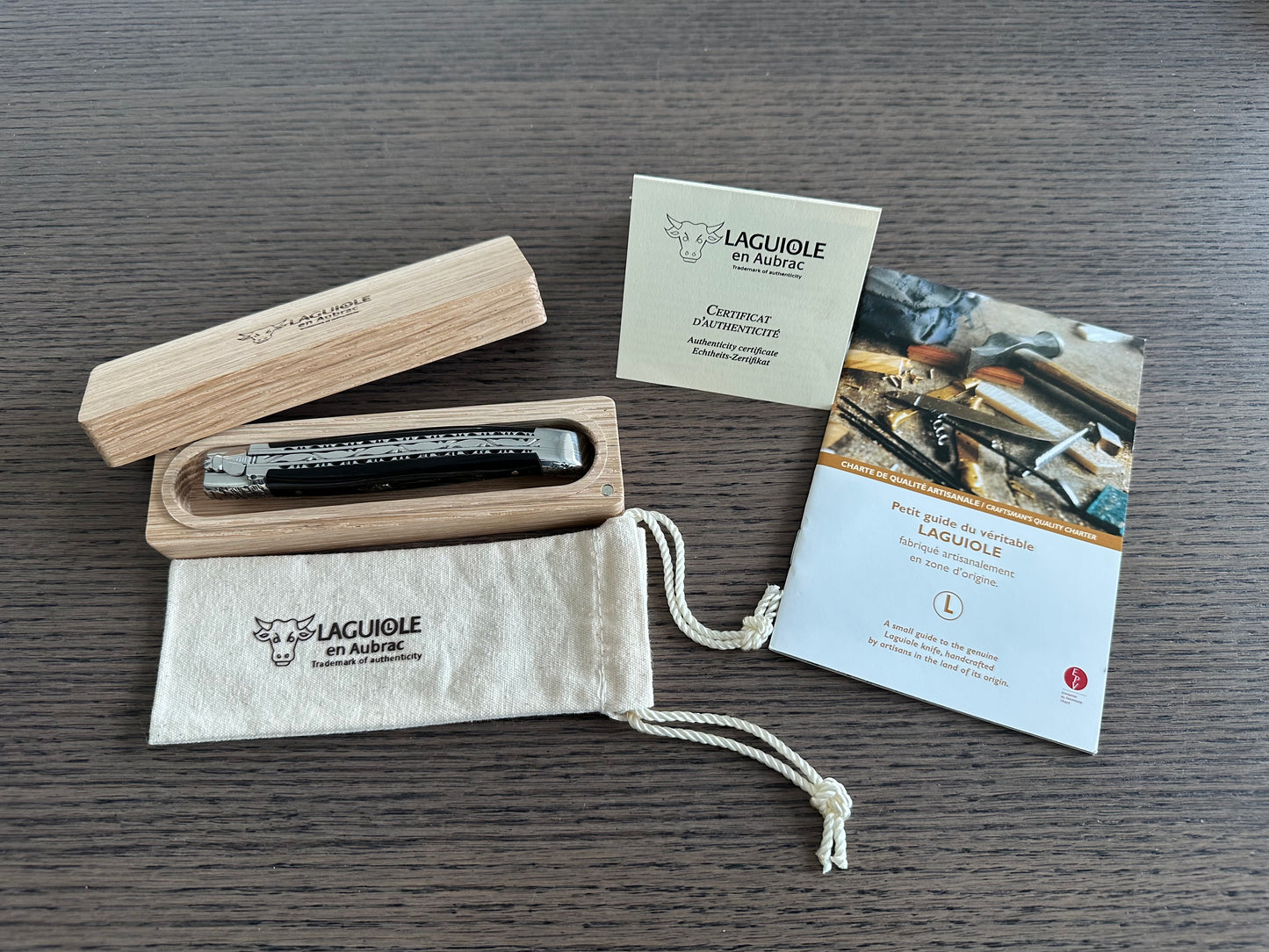 Laguiole en Aubrac Handcrafted Double Plates Multipurpose Knife, Buffalo Horn With Texture Handle, Stainless Steel Hammered Bolsters, 4.75 inches