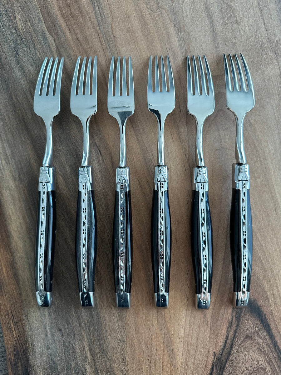 Laguiole en Aubrac Handcrafted Plated 6-Piece Dessert Fork Set with Buffalo Horn Handles - LaguioleEnAubracShop